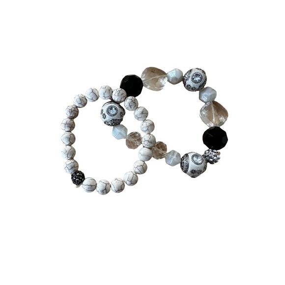 Pair of Black and White Stone and Glass Stretch Bracelets - Picture 2 of 7